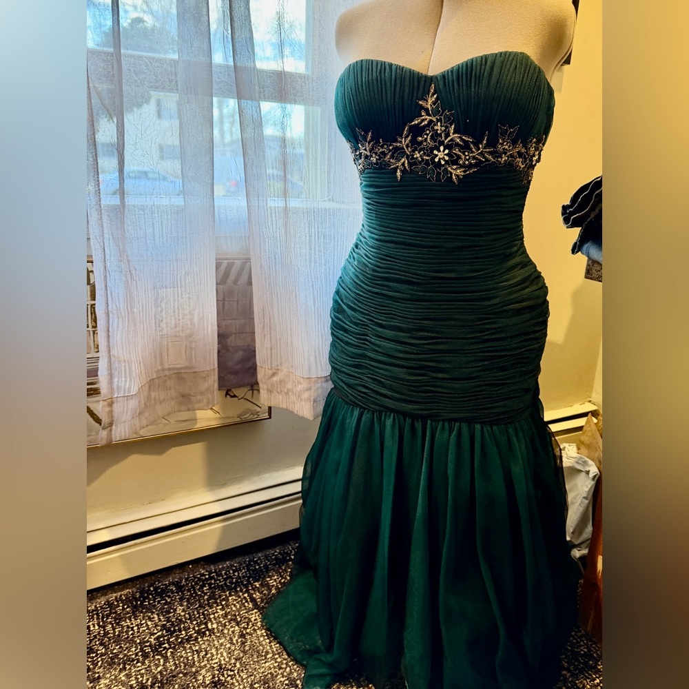 Emerald Green over black  Sweetheart Pleated high /low Gown